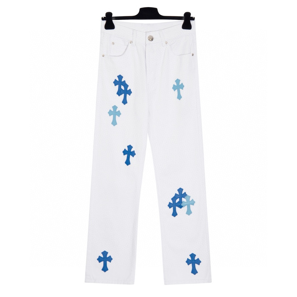 Chrome Hearts White Pants With Blue Cross Patterns